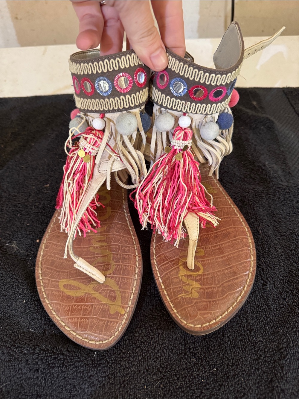 Sam Edelman Cream Tassel Gladiator Sandals with Pink & Blue Accents